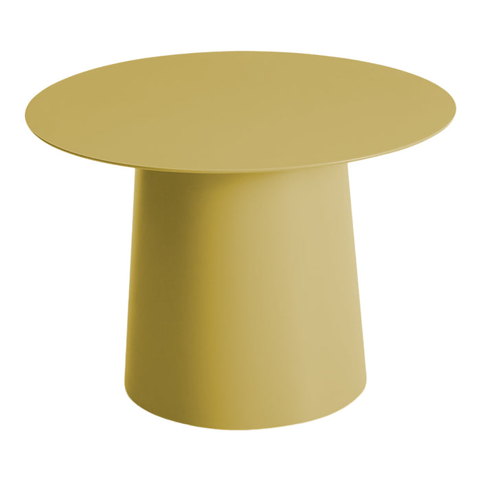 Round yellow table with a smooth, modern design and solid color, perfect for contemporary decor.