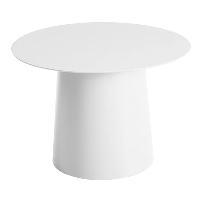White round table with a smooth surface and a minimalist cylindrical base, perfect for modern decor.