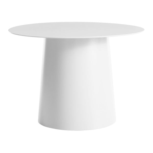 Round white table with a smooth, matte finish and minimalist design, perfect for modern decor.
