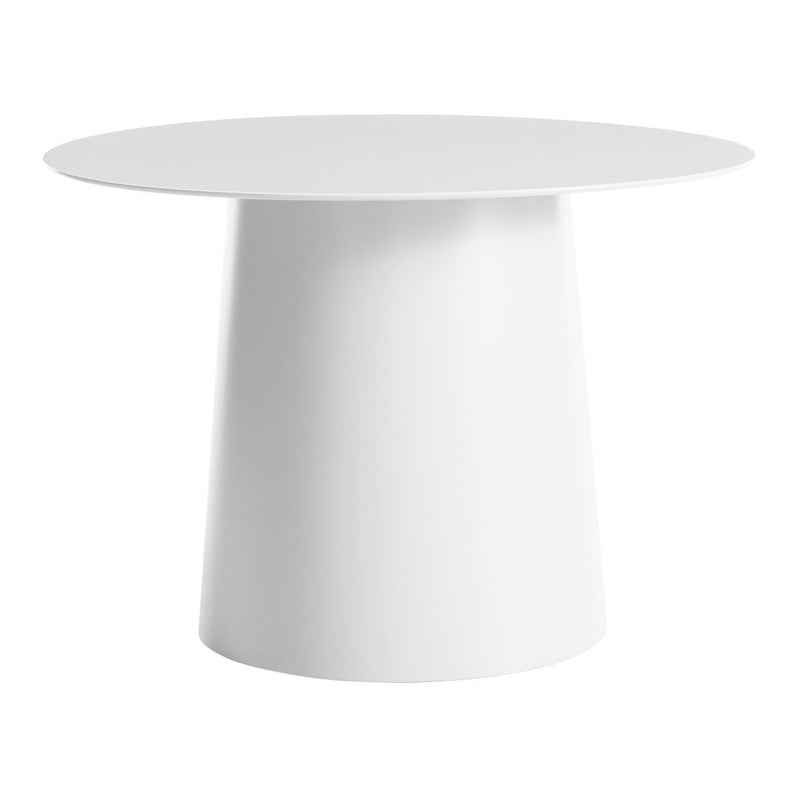 Round white table with a smooth, matte finish and minimalist design, perfect for modern decor.