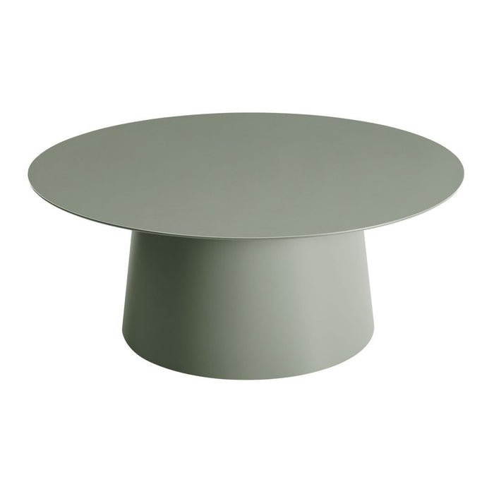 Round coffee table in soft olive green with a smooth matte finish and a minimalist design. Perfect for modern decor.