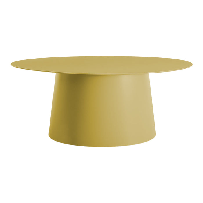 Yellow round coffee table with a minimalist design and solid, smooth finish. Ideal for modern decor.