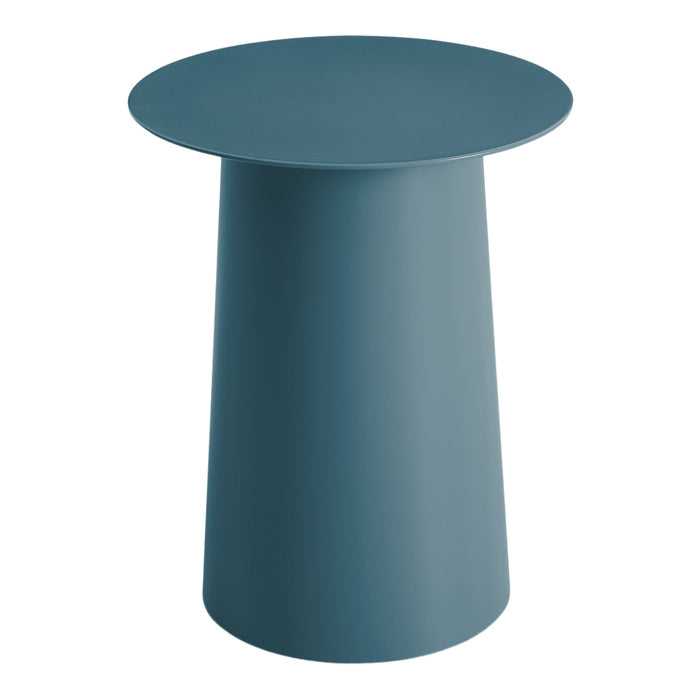Teal round side table with a smooth matte finish, featuring a modern cylindrical shape and minimalist design.