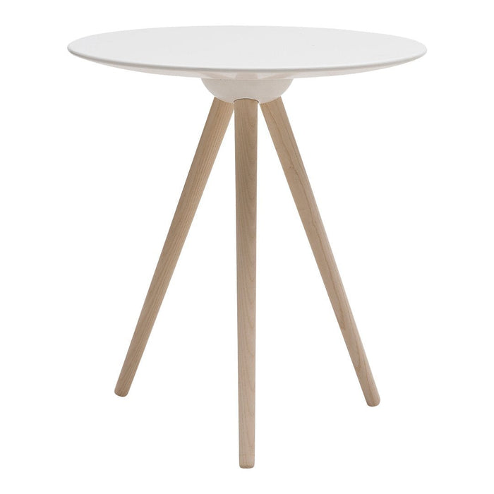 White circular tabletop with natural wood tripod legs, featuring a minimalist design and clean lines.