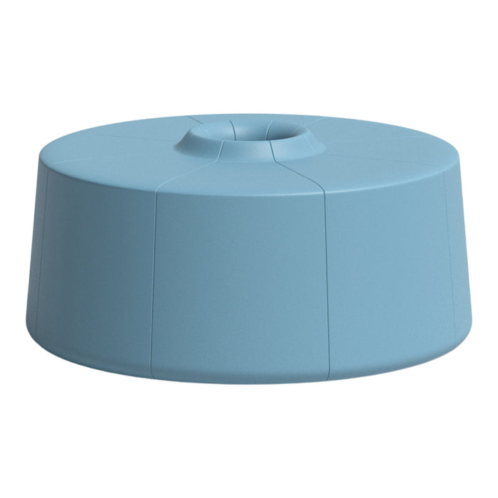 Round blue stool with a smooth matte finish and subtle geometric pattern. Ideal for modern decor.