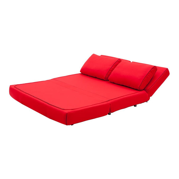 Vibrant red sofa bed with smooth upholstery and two matching rectangular pillows, perfect for modern decor.
