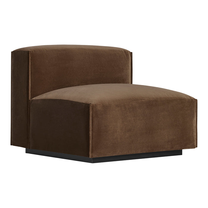 Brown velvet accent chair with a modern square shape and sleek black base, perfect for contemporary decor.
