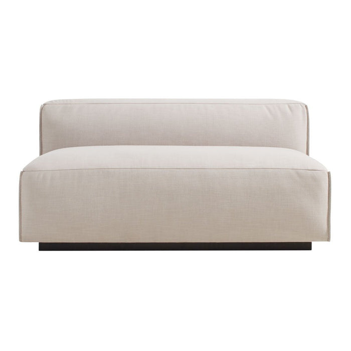 Beige upholstered sofa with a smooth, minimalist design and dark wooden base. Perfect for modern decor.