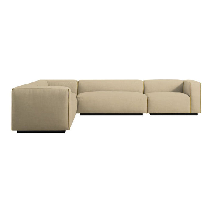 Beige sectional sofa with smooth fabric and clean lines, perfect for modern living spaces.