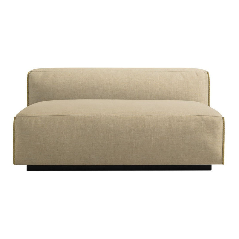 Beige upholstered sofa with a minimalist design and clean lines, featuring a sleek black base. Ideal for modern decor.