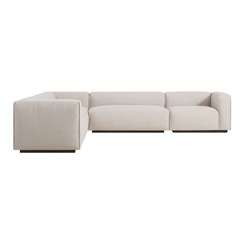 "Light beige sectional sofa with a minimalist design and smooth, clean lines."