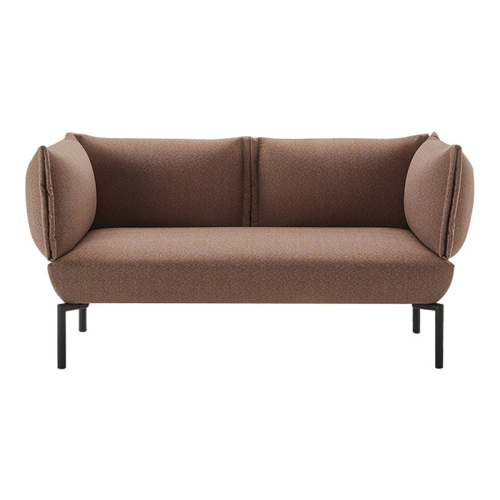 Brown upholstered sofa with unique rounded arms and a minimalist black metal frame. Stylish and modern design.