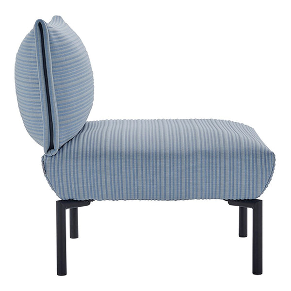 Blue striped lounge chair with a unique backrest design and sleek black legs. Perfect for modern interiors.