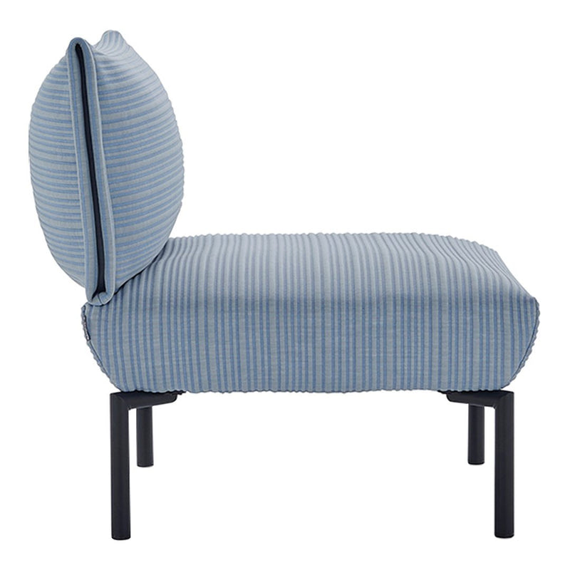 Blue striped lounge chair with a unique backrest design and sleek black legs. Perfect for modern interiors.