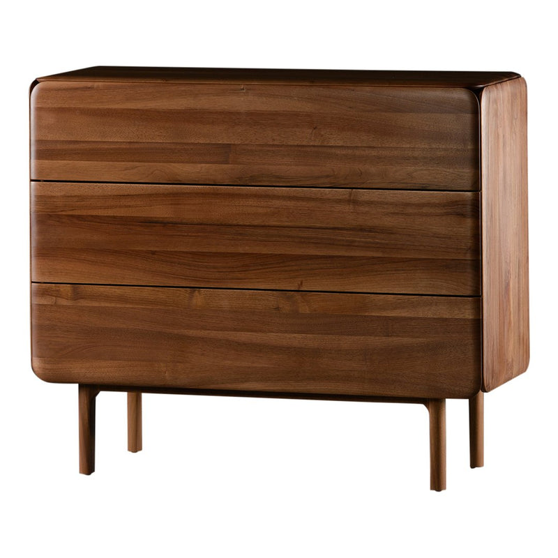 Wooden dresser in rich walnut finish with smooth, minimalist design and horizontal paneling. Perfect for modern decor.