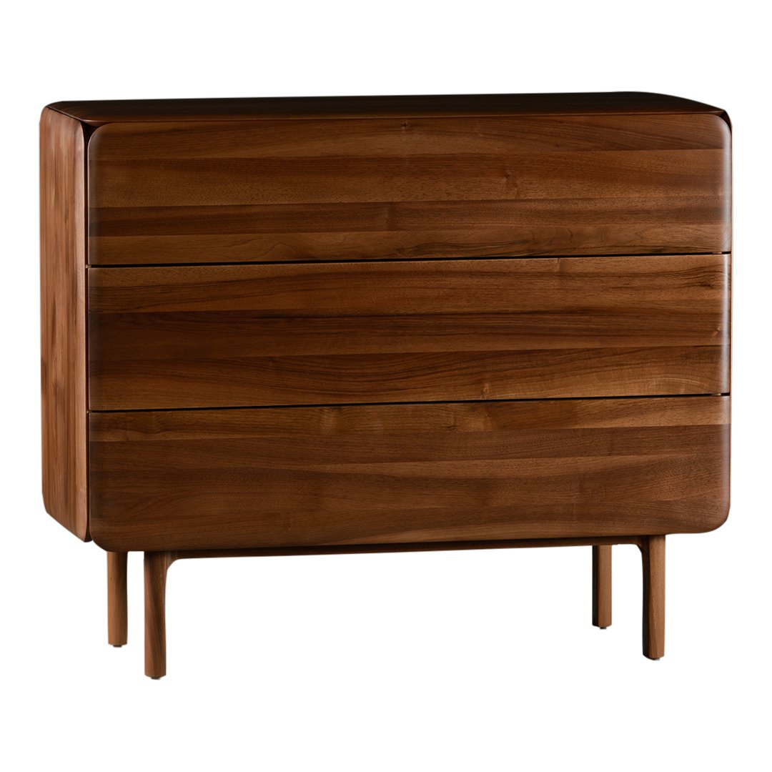 Walnut wood dresser with smooth, rounded edges and a rich, warm brown finish; minimalist design with three horizontal drawers.