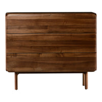 Modern wooden dresser in rich brown tones with smooth, sleek lines and subtle horizontal grain pattern.