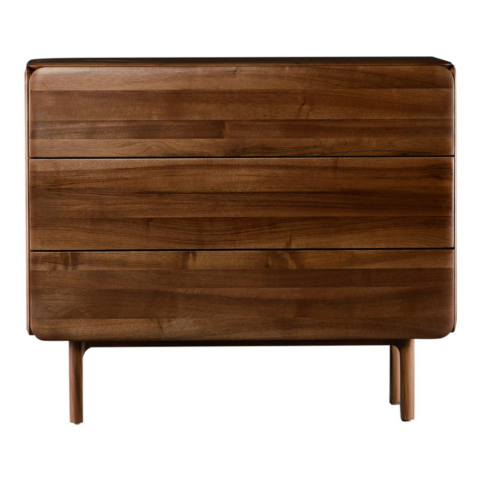 Modern wooden dresser in rich brown tones with smooth, sleek lines and subtle horizontal grain pattern.