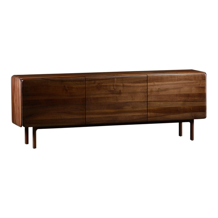 Sleek mid-century modern sideboard in rich walnut wood with a smooth, glossy finish and minimalist design.