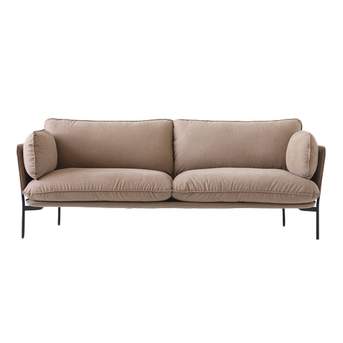 Beige upholstered sofa with plush cushions and sleek black metal legs, featuring a minimalist modern design.