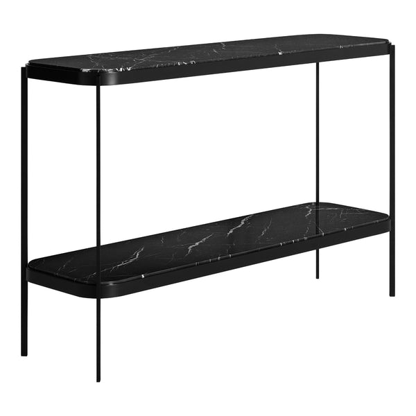 Sleek black console table with a glossy marble top and white veining, set on a minimal black frame.