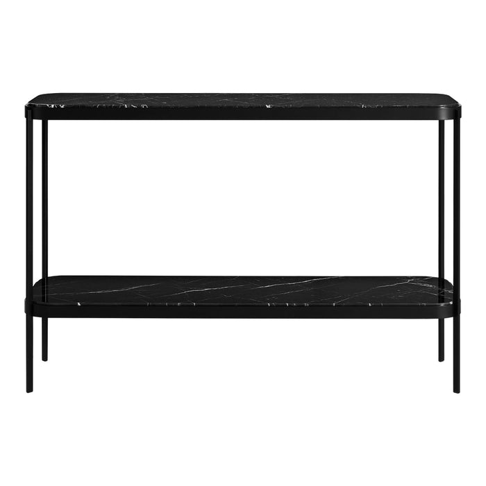 Black marble console table with a sleek design and subtle white veining on the top and bottom shelves.