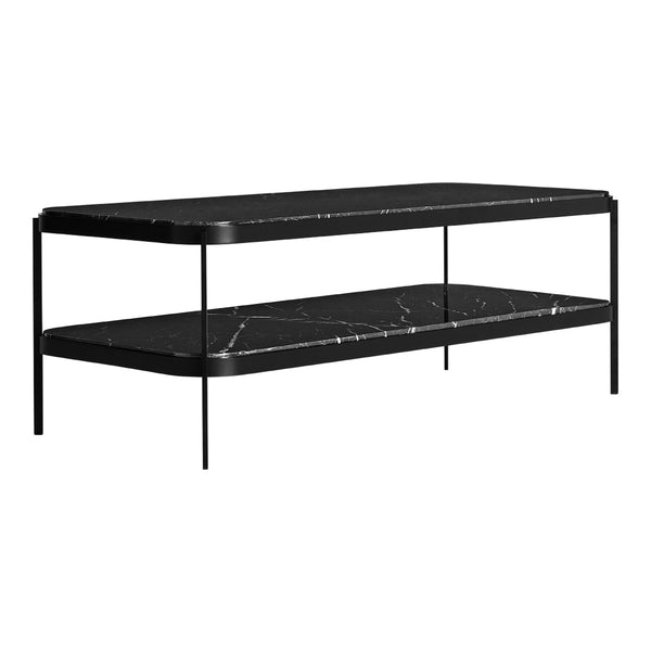 Black marble coffee table with white veining and sleek black metal frame, featuring a modern, geometric design.