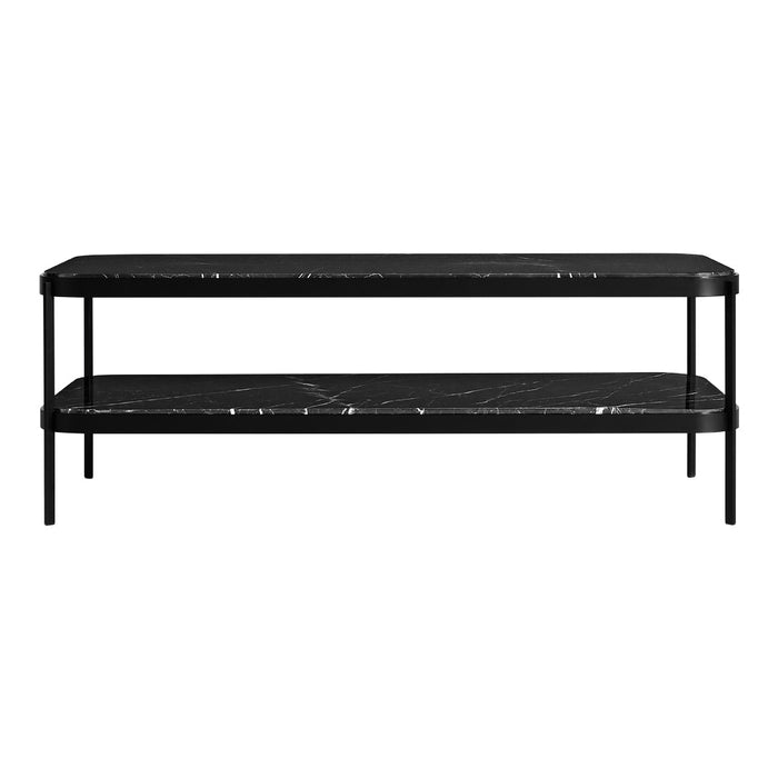 Black marble coffee table with white veining and a sleek metal frame. Modern design with a stylish monochrome palette.