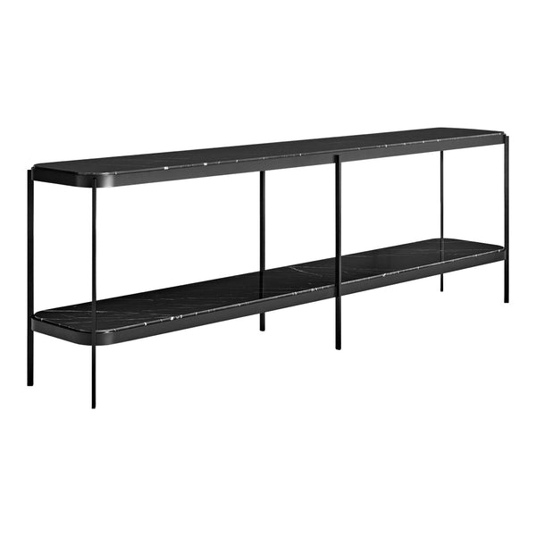 Sleek black metal console table with simple, contemporary design and open shelf pattern, perfect for modern decor.