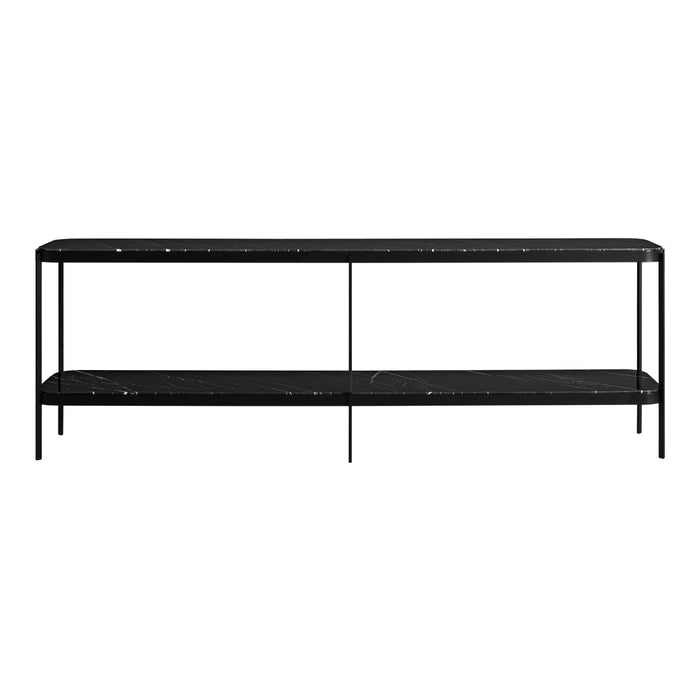 Black metal shelf with a sleek, minimalist design and subtle speckled pattern, featuring two open storage levels.