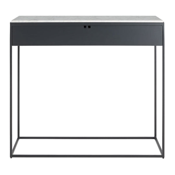 Gray metal console table with a sleek marble top and minimalist design. Perfect for modern decor.