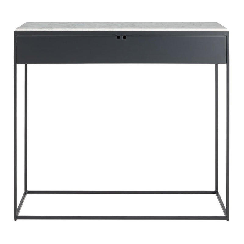 Gray metal console table with a sleek marble top and minimalist design. Perfect for modern decor.