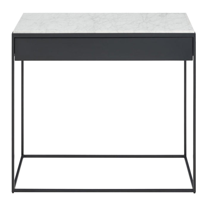 Modern black metal side table with a sleek white marble top and minimalist design. Perfect for contemporary decor.