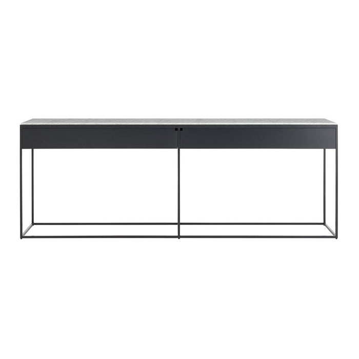 Gray dining table with a sleek black metal frame and a smooth, textured top in neutral tones. Perfect for modern decor.