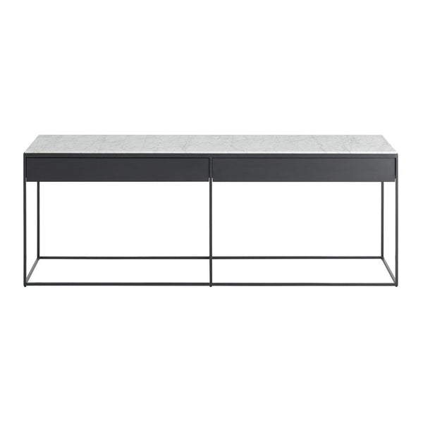 Modern black metal table with a sleek white marble top and minimalist design, perfect for contemporary decor.