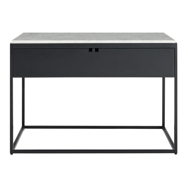 Modern black desk with a sleek white marble top, featuring clean lines and minimalistic design. Perfect for any workspace.