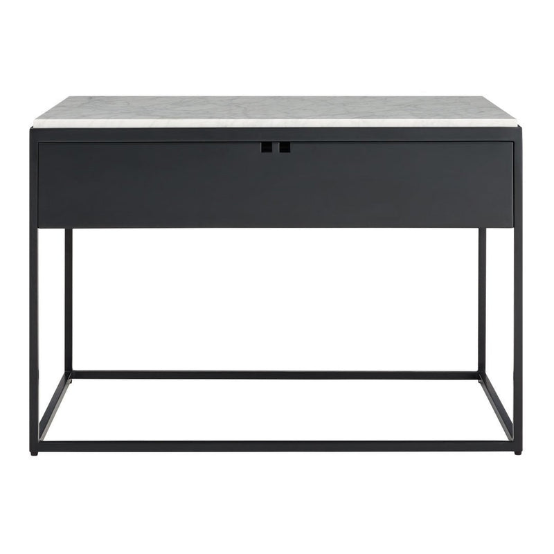 Modern black desk with a sleek white marble top, featuring clean lines and minimalistic design. Perfect for any workspace.