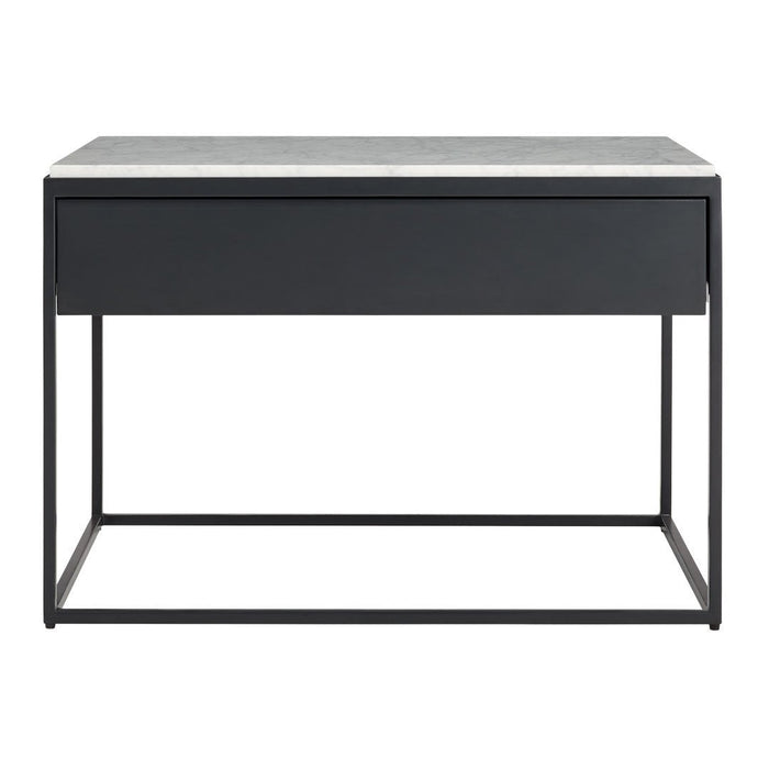 Modern black desk with a sleek gray marble top and minimalist design featuring sharp lines and a matte finish.
