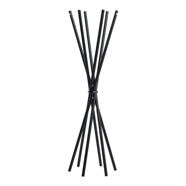 Black geometric coat rack with a minimalist design, featuring sleek lines and an angular pattern.