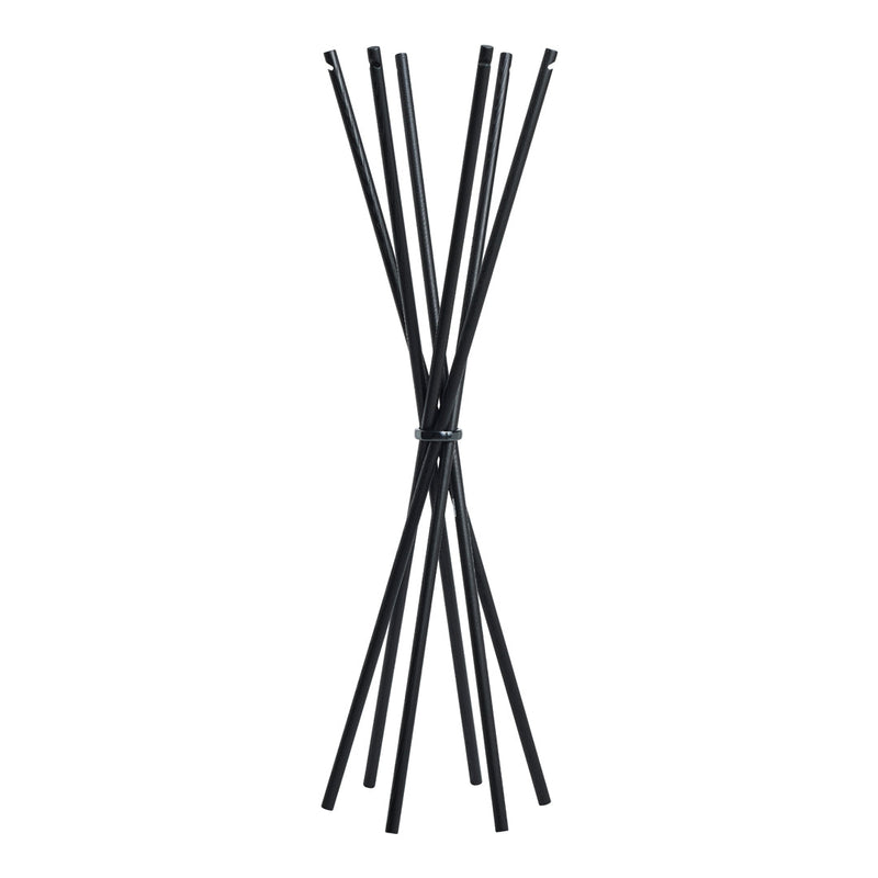Black geometric coat rack with a minimalist design, featuring sleek lines and an angular pattern.