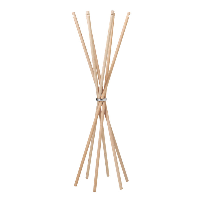 Natural wood color with sleek, minimalist design featuring six tapered poles in a symmetrical arrangement.