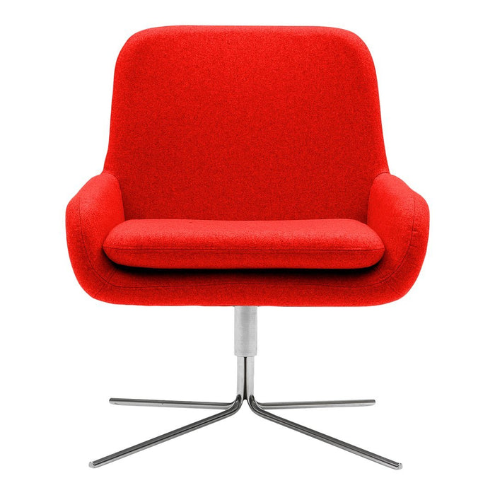 Bright red upholstered chair with a modern design and sleek silver base. Perfect for adding a pop of color to any room.