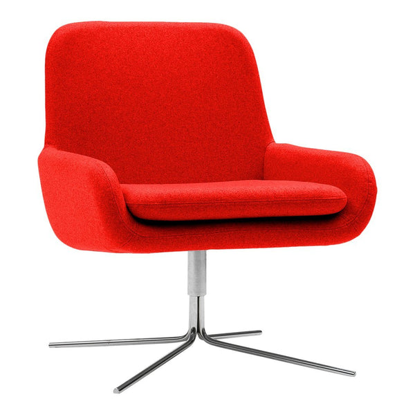 Bright red upholstered chair with a smooth, modern design and chrome base, offering a bold pop of color.