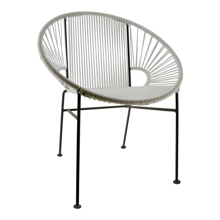 "Stylish white chair with a modern design featuring black metal legs and elegant woven pattern."
