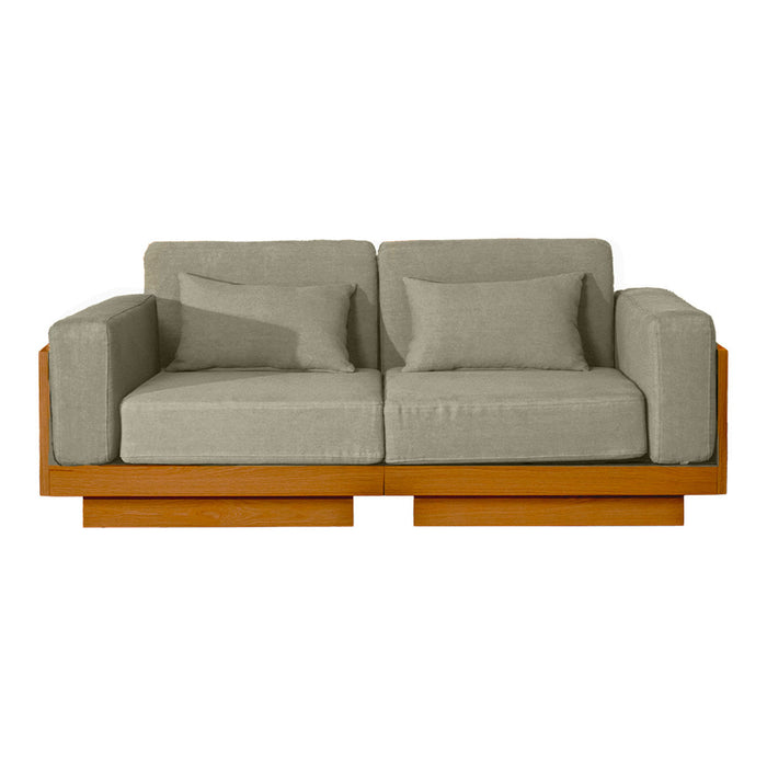 Light gray fabric sofa with clean lines and a warm wooden base, enhancing modern living spaces.
