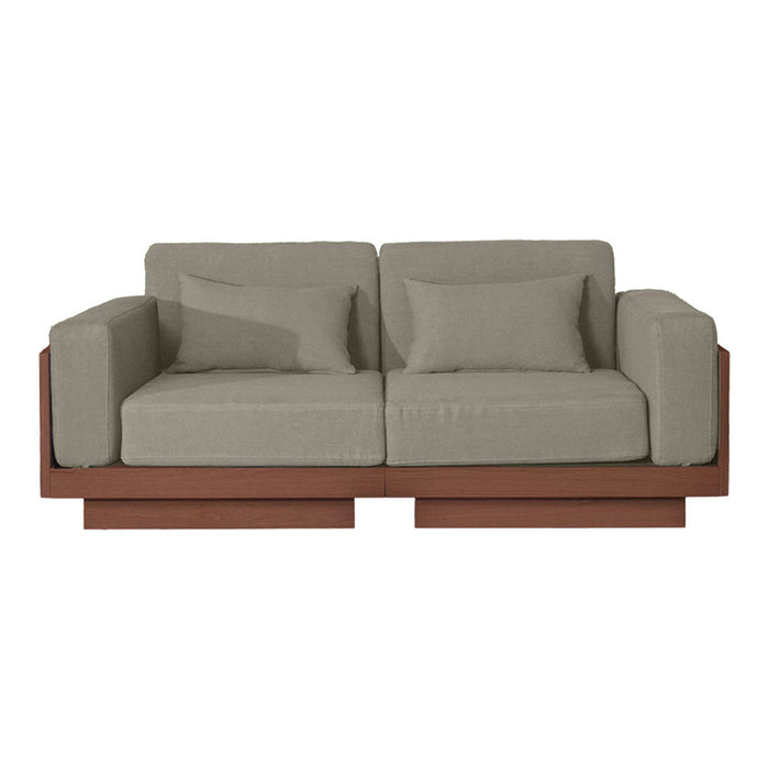 Stylish gray fabric sofa with a modern wood base, featuring clean lines and a minimalist design.