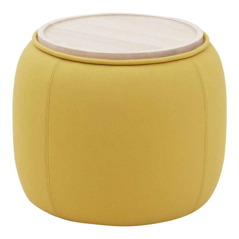 Round yellow pouf with textured surface and light wood top, perfect for adding a pop of color and modern design.
