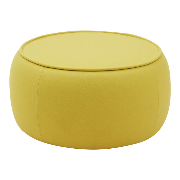 Bright yellow round ottoman with a smooth, minimalist design, perfect for adding a pop of color to any space.