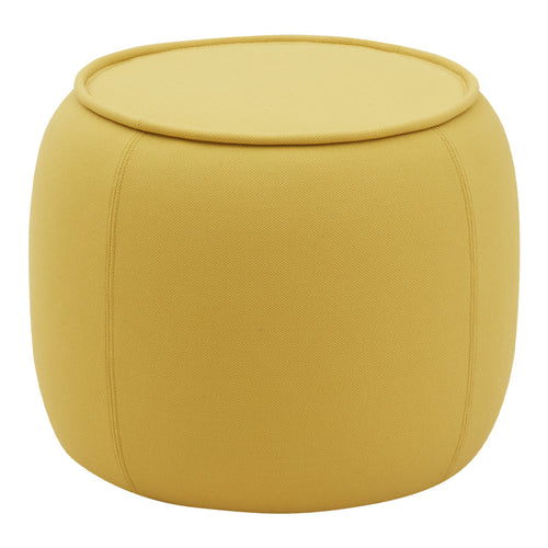 Bright yellow pouf with a smooth, rounded design and subtle stitching pattern, perfect for modern decor.