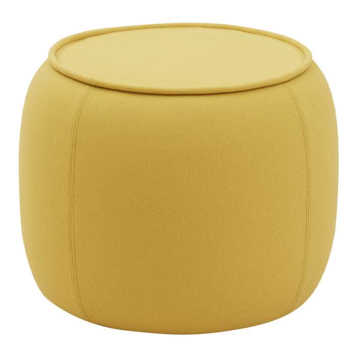 Bright yellow pouf with a smooth, rounded design and subtle stitching pattern, perfect for modern decor.